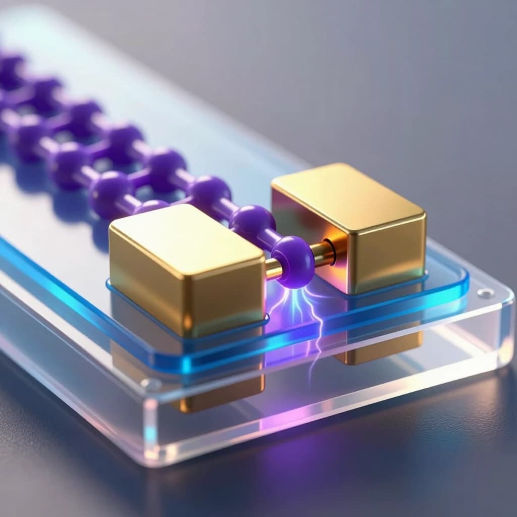 hyper-realistic scientific 3D illustration of a cross-section of an Organic Field-Effect Transistor (OFET) with a bottom-gate and top-contact architecture. Flexible transparent PET substrate at the very bottom. A continuous metallic gate electrode underneath, followed by a thin translucent blue aluminum oxide dielectric layer. Above it lies a narrow channel of deep purple organic semiconductor nanocrystals connecting two massive polished gold source and drain electrodes with a small gap between them. The device emits a subtle internal glow indicating current flow through the channel. Macro photography, extreme close-up, shallow depth of field focusing on the active layers. Cold directional studio lighting from above combined with soft backlighting through the substrate to highlight the gate-dielectric boundary. Ray tracing reflections, caustics, electric field aura effects around the contacts. Clean high-tech atmosphere, sterile environment, no bond pads visible. 8K resolution, intricate microscopic details, photorealistic textures.