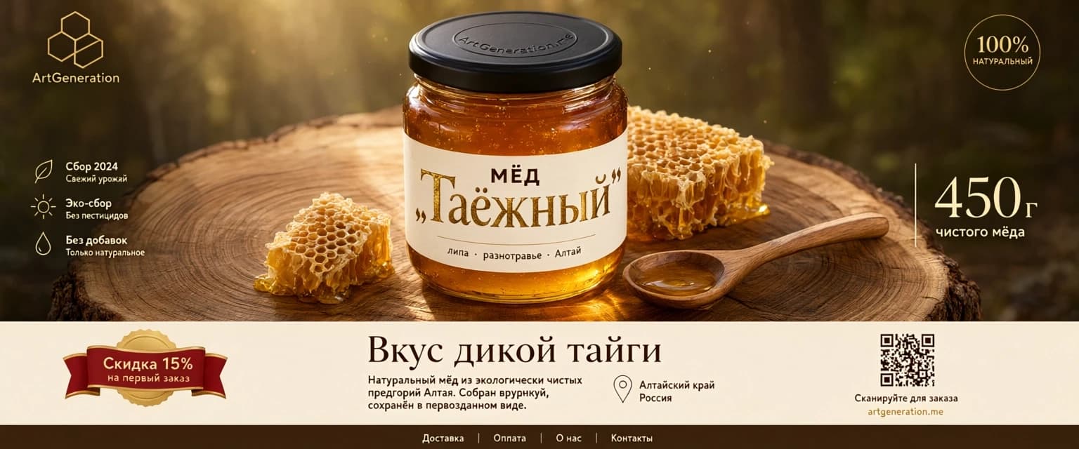 Готовый премиальный рекламный продуктовый кадр, вертикальный 4:5, до 2K, не мокап. Hero-продукт: банка крафтового мёда на срезе дубового стола, утренний свет, соты и деревянная ложка рядом, макро-детализация стекла и янтарного мёда, глубина резкости. Этикетка с русской типографикой: крупно «МЁД „Таёжный"», ниже мелкий текст «липа · разнотравье · Алтай», на крышке тиснёный логотип-надпись «ArtGeneration.me» как заводской брендинг. Тёплая натуральная палитра, чистая коммерческая подача.