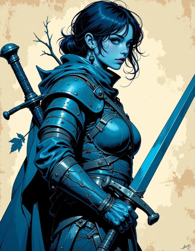 A masterpiece,  in the style of the 1980s, with bold lines, dynamic strokes and rich textures, on background with a touch of nostalgia, perhaps with subtle drawings inspired by cellulose and vintage, worn textures similar to paper, oil painting, a ghost female halfling thief armed with a long dagger wearing leather armor. the dagger is covered in bark and the armor is covered in leaves and twigs all a ghostly blue in the style of dungeons and dragons, wayne reynolds and todd lockwood aesthetic. celshading, simple background