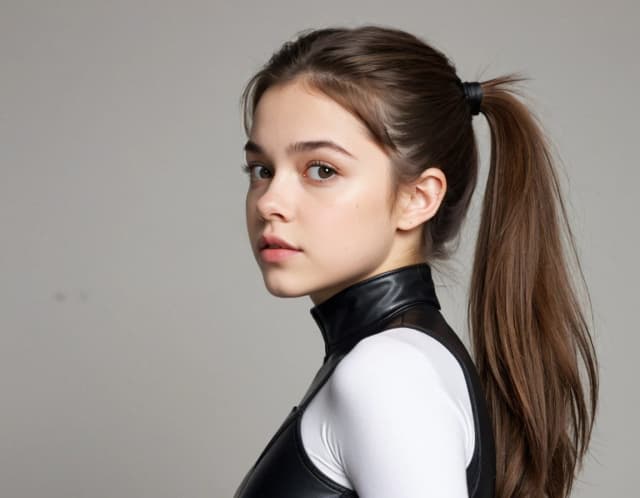India Joy Eisley in 19 years old as Kitty Pryde from X-men evolution in superhero suit, ponytail hairstyle, knee view