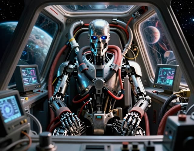 A photograph of a cyborg Terminator in the cockpit of a starship, surrounded by hoses, wires, cables, шлейфы, electronics, and biomechanical devices, with monitors and instruments visible through the glass, and space, planets, and stars in the background. The lighting is contrasting and cold, with the instruments illuminated in the style of the Star Wars film by Lucas.
