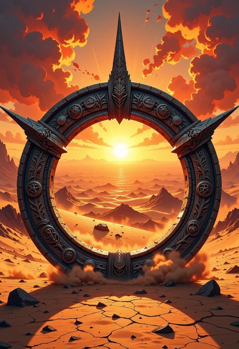 Circular emblem of a wild hunting desert tribe, intricately detailed tribal patterns and primitive totems engraved on weathered sandstone and aged bone, centered in the frame. Background features a vast, undulating desert with sweeping sand dunes under a relentless, scorching midday sun. Intense cinematic lighting with harsh shadows and brilliant highlights, heat haze shimmering on the horizon. High-detail textures of cracked earth and wind-blown sand. Composition: symmetrical emblem shot, wide angle, epic scale. Style: hyper-realistic digital art with a gritty, cinematic feel, reminiscent of high-end concept art. Mood: primal, harsh, majestic, and sun-drenched. Medium: detailed matte painting with sharp focus on the emblem's textures.