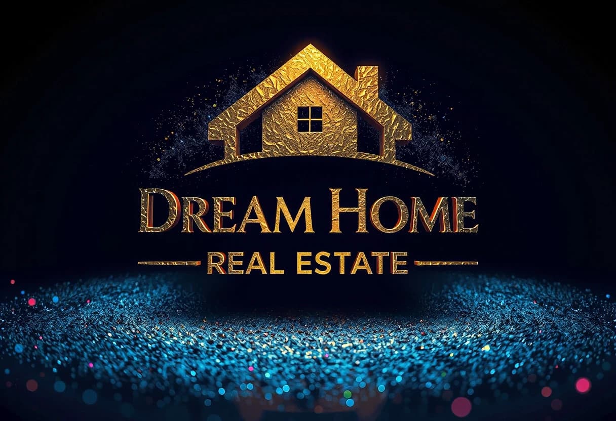 Логотип: Dream Home Real Estate 
Фон: глубокий космос или темный градиент от темно-синего к синему электрику
Элементы: мерцающие переливающиеся голубые блестки и космическая пыль вокруг логотипа; неоново-розовые, голубые, желтые и фиолетовые светящиеся пиксели, разбросанные по фону как цифровые фрагменты
Освещение: эффектное кинематографическое освещение с глубокими тенями и высококонтрастными бликами на золотом элементе дома из логотипа
Текстура: гиперреалистичная текстура золотого элемента с видимыми микрочастицами пыли и блеска
Стиль: сказочный цифровой сюрреализм, редакционная фотография высокой моды