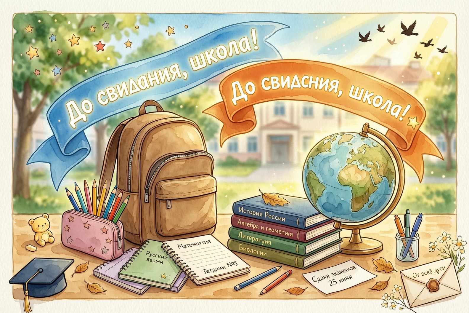 Праздничная открытка на последний звонок. На первом плане красивая композиция из школьных атрибутов: глобус, стопка книг, коричневый школьный ранец, выглядывающий из него пенал и тетради. Над предметами висят две воздушные ленты с надписью "До свидания, школа!", одна лента голубая, другая оранжевая. На фоне — размытый школьный двор или класс, залитый ярким весенним солнцем. Стиль: праздничный, нежный, акварельная иллюстрация, легкое сияние (глоу), кинематографичный свет.