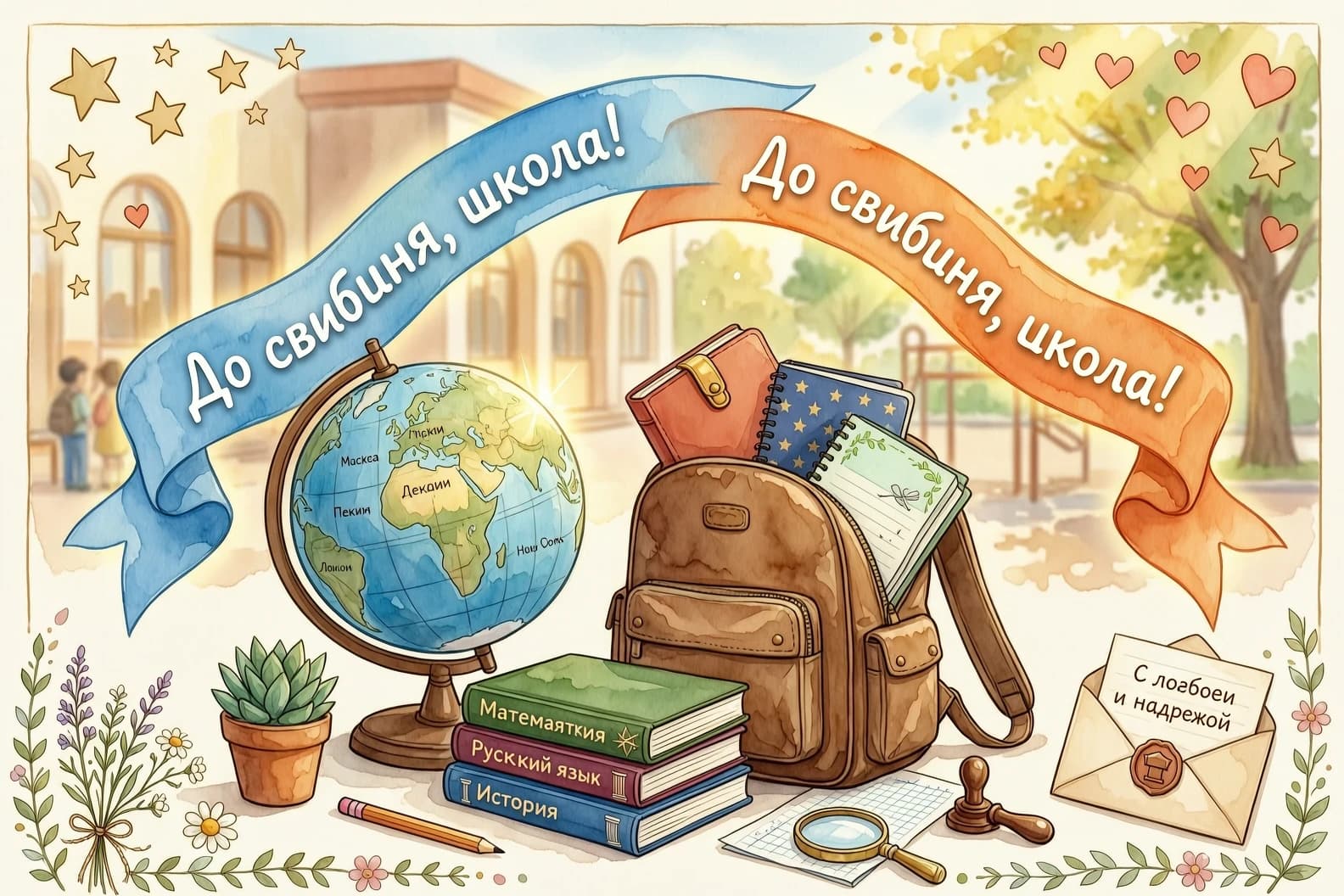 Праздничная открытка на последний звонок. На первом плане красивая композиция из школьных атрибутов: глобус, стопка книг, коричневый школьный ранец, выглядывающий из него пенал и тетради. Над предметами висят две воздушные ленты с надписью "До свидания, школа!", одна лента голубая, другая оранжевая. На фоне — размытый школьный двор или класс, залитый ярким весенним солнцем. Стиль: праздничный, нежный, акварельная иллюстрация, легкое сияние (глоу), кинематографичный свет.