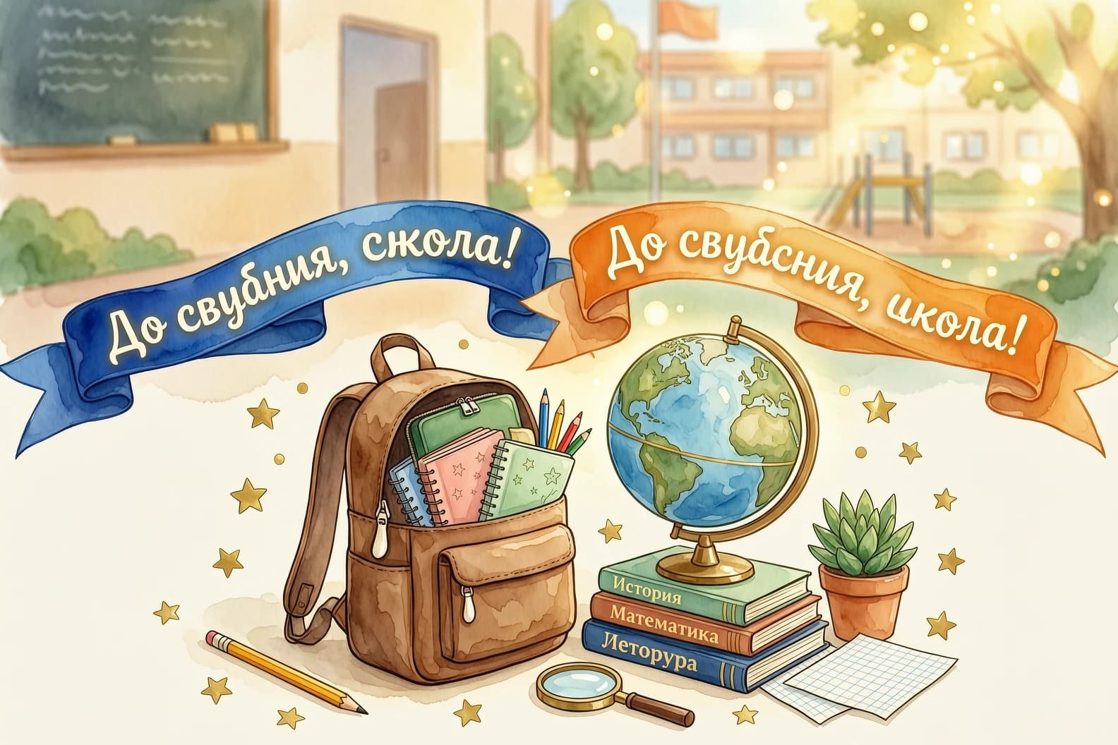 Праздничная открытка на последний звонок. На первом плане красивая композиция из школьных атрибутов: глобус, стопка книг, коричневый школьный ранец, выглядывающий из него пенал и тетради. Над предметами висят две воздушные ленты с надписью "До свидания, школа!", одна лента голубая, другая оранжевая. На фоне — размытый школьный двор или класс, залитый ярким весенним солнцем. Стиль: праздничный, нежный, акварельная иллюстрация, легкое сияние (глоу), кинематографичный свет.