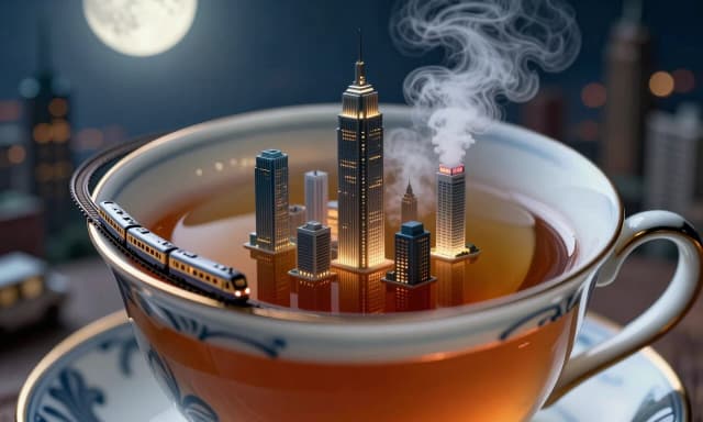 Create a high-quality image in реализм style based on: Огромный ночной мегаполис, помещённый внутрь фарфоровой чашки с чаем; небоскрёбы отражаются в янтарной поверхности напитка, по краю чашки проходит крошечный поезд, пар превращается в облака, сюрреалистичная архитектура, кинематографичный лунный свет, макросъёмка, малая глубина резкости, ультрадетализированная цифровая иллюстрация.. Aspect ratio: 16:9. photorealistic quality. thoughtful composition. Maximum detail, describe the smallest nuances, textures, lighting, atmosphere. Consider composition, color palette, lighting, textures. Add depth of field, atmospheric effects. 8K resolution.
