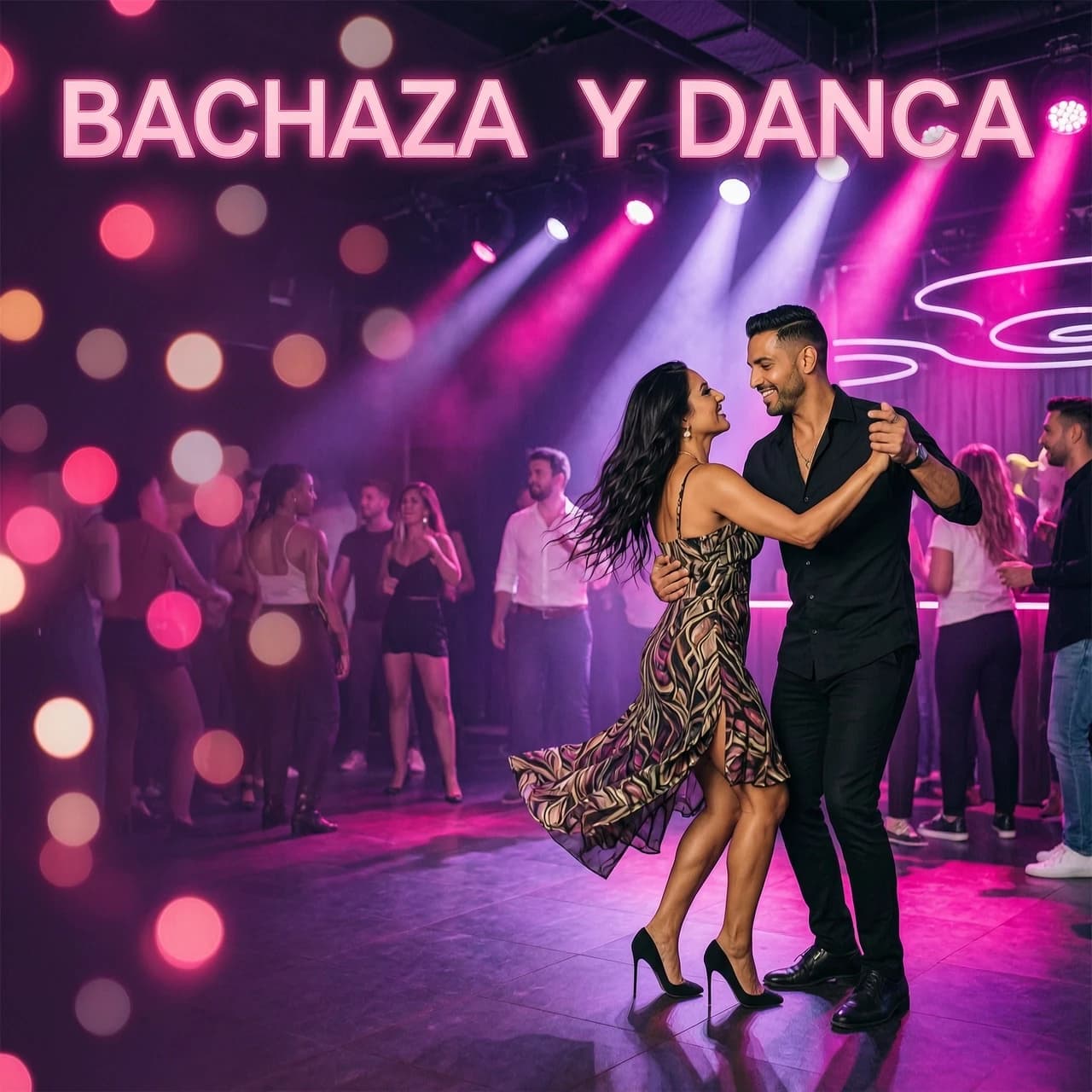 Dynamic bachata dance background, neon pink and purple lights, dancing couple in motion, bokeh effect, energetic atmosphere, modern night club style, empty space on the left side for text, vibrant colors, poster design, 8k --ar 3:2 --v 6.0