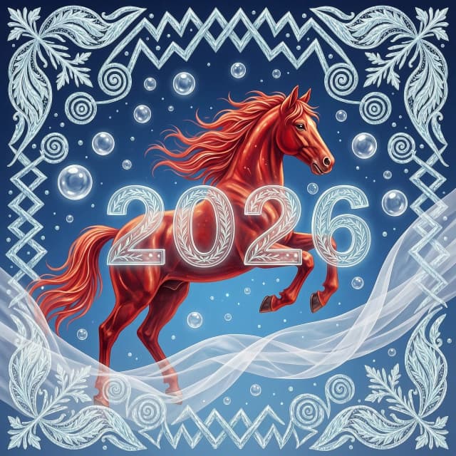 In the double exposure style. An ephemeral mythical creature in the form of a beautiful scarlet fiery horse with a long wavy mane collects the word "2026" from glass letters. In a jump. Background: bright blue night sky with grandiose continuous ornamental frosty patterns, zigzags, spirals of frost. Needles, transparent glass balls, silk, tulle. 
In the "Glitter" style: magical realism, natural symphony, shapes dissolve into color, lines flow like water, translucent layers with a watercolor texture, intricate ornaments at the corners of the composition.
Iridescence, lace, entourage, fantastic plot, New Year's tale, magic, whimsicality, originality. High detail, cinematic lighting, solemn festive atmosphere, realistic.