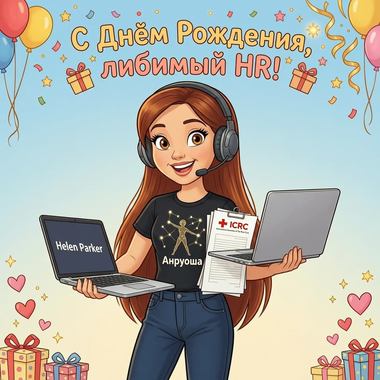 Картинка мультяшная в стиле Дисней. на картинке изображена девушка русы волосы по лопатки  чёлка отсутствует, лицо круглое глаза тоже круглые ярко вырезанные ресницы на ней надето чёрная футболка созвездий созвездием Андромеды но место надписи Andromeda внизу под созвездием нужно написать Андрюша подмышкой у неё документы с логотипом ICRC а в руке она держит ноутбук Helen Паркер на ногах у неё джинсы тёмно-синие а на шее висят компьютерные наушники небольшого размера с микрофоном вводам над над самой девушкой надпись с днём рождения любимый hr