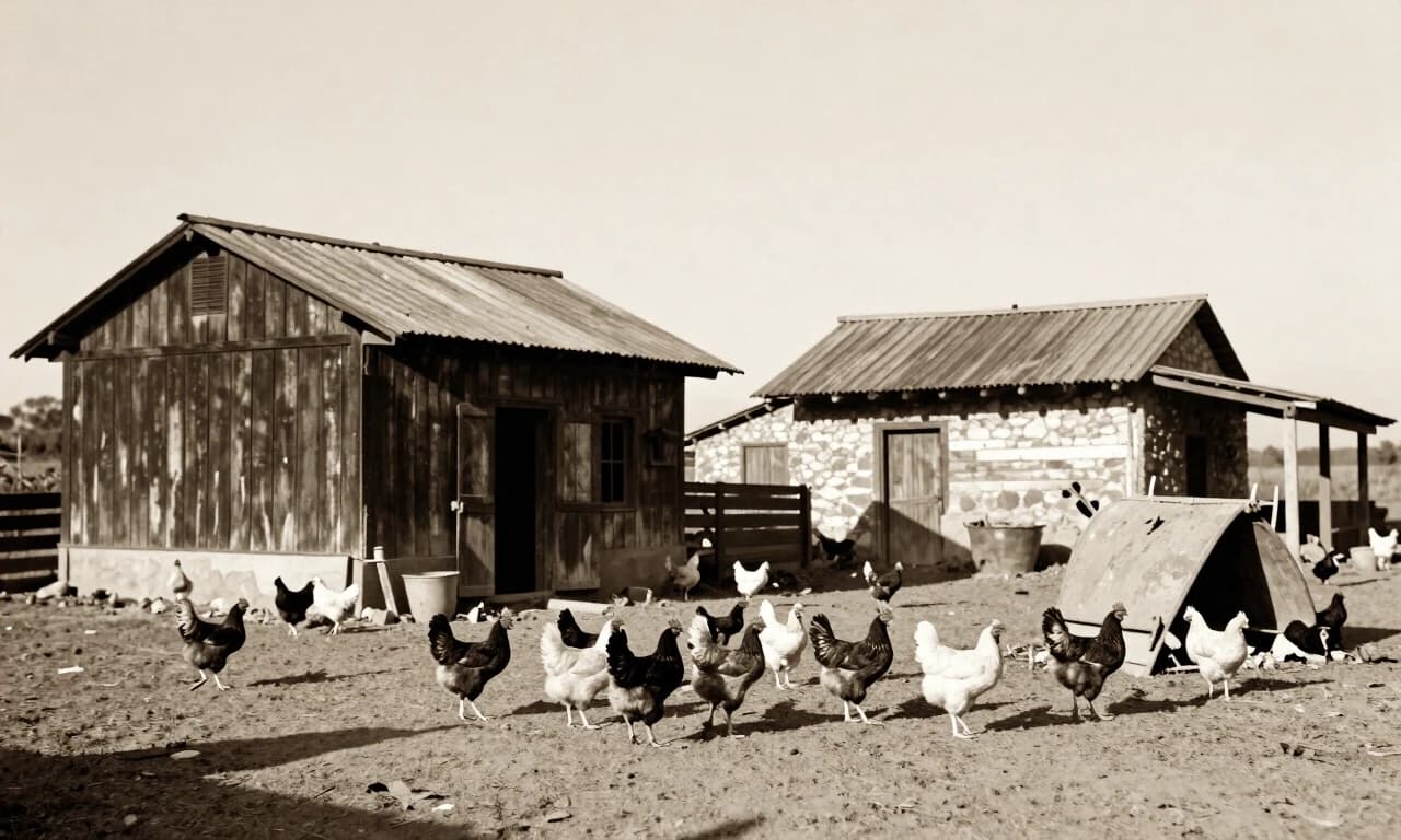 1930s Spanish countryside chicken farm, rustic wooden buildings, sepia tone, vintage documentary photo style, warm afternoon light