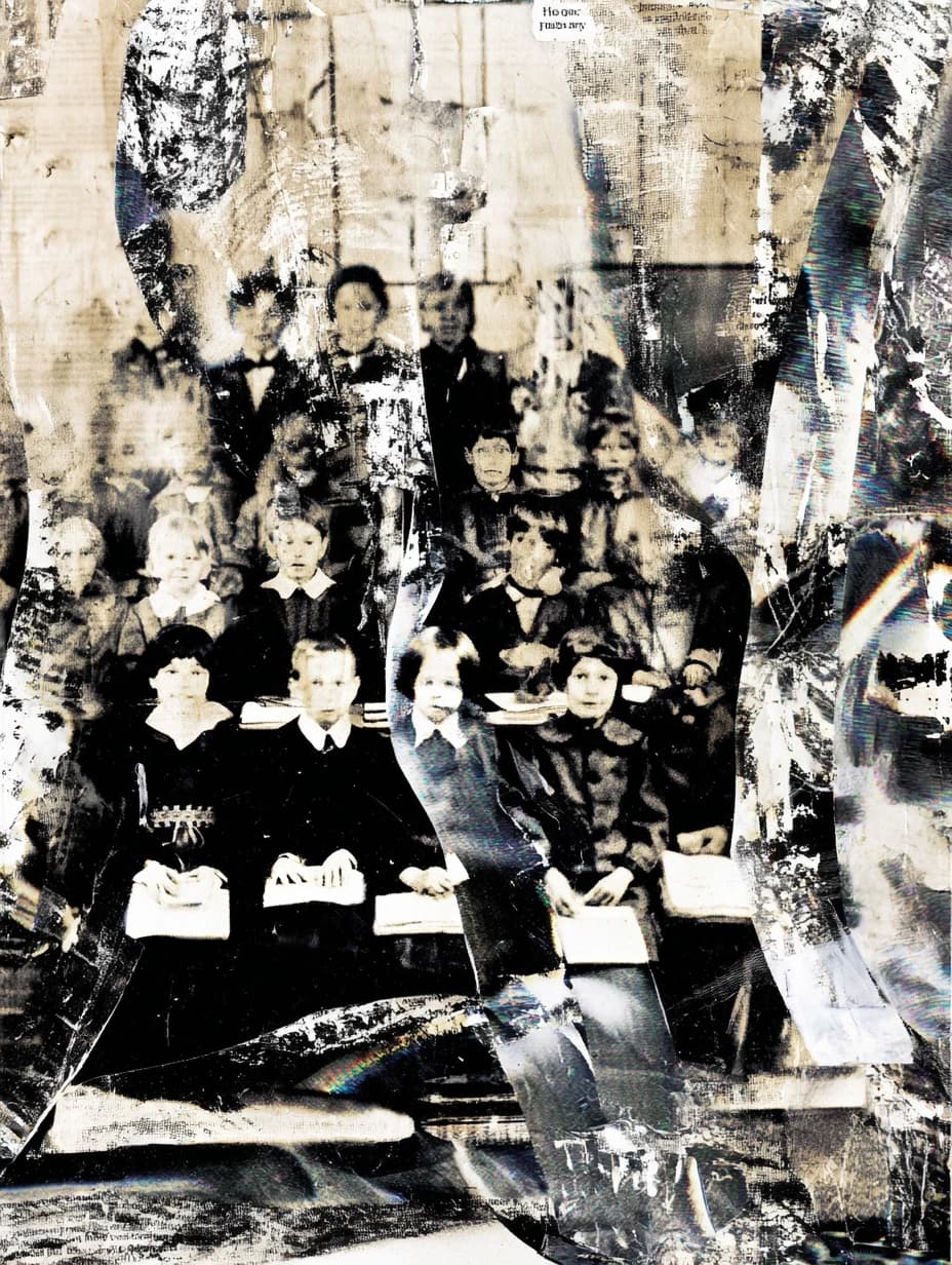 people with mental and paranormal developmental characteristics and psyker abilities of the closed educational institution, optical aberrations and fluctuation artifacts of physical distortions of the surrounding space, collage texture of small text from personal observation dossiers and student examination sessions, aesthetic of photographs from the late 19th and early 20th centuries --ar 3:4 --v 7.0 --stylize 100