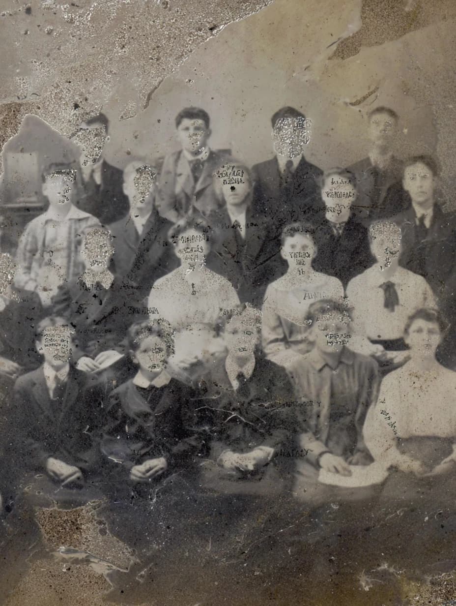 people with mental and paranormal developmental characteristics and psyker abilities of the closed educational institution, optical aberrations and fluctuation artifacts of physical distortions of the surrounding space, collage texture of small text from personal observation dossiers and student examination sessions, aesthetic of photographs from the late 19th and early 20th centuries --ar 3:4 --v 7.0 --stylize 100