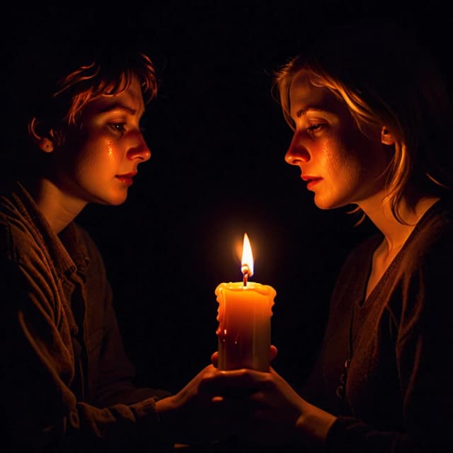 Two people sitting facing each other, both holding a burning candle. The flames are leaning toward each other — giving, giving, giving. But the candles are almost gone. Wax is melting fast. Both faces are warm, tired, generous — and both are fading. Between them, a bright but dying light. Dark atmospheric background, warm candlelight, deep shadows creeping in. Hyperrealistic dark fantasy portrait, photorealistic, emotional, symbolic. Vertical composition, no text. Mood: two flames burning each other out, love that gives too much, the moment before the light goes out.