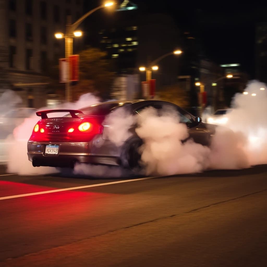 Infinity g35 делает бернаут на главной улице в ночном городе, тормоза раскалились, из колес идет дым
