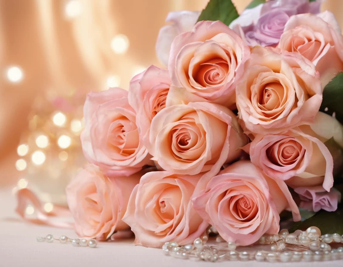 Square luxury birthday greeting card, elegant bouquet of lush roses in soft pink, lilac and warm orange tones, porcelain-like petals decorated with dew drops and delicate pearl beads, satin champagne-gold ribbon with crystal centerpiece, feminine, glamorous, premium floral art, pastel lilac and peach background, soft glow, bokeh lights, studio lighting, ultra-detailed, realistic yet artistic style, high-end postcard design, Style Preset: luxury, elegant, realistic, CFG, Guidance: 7–9