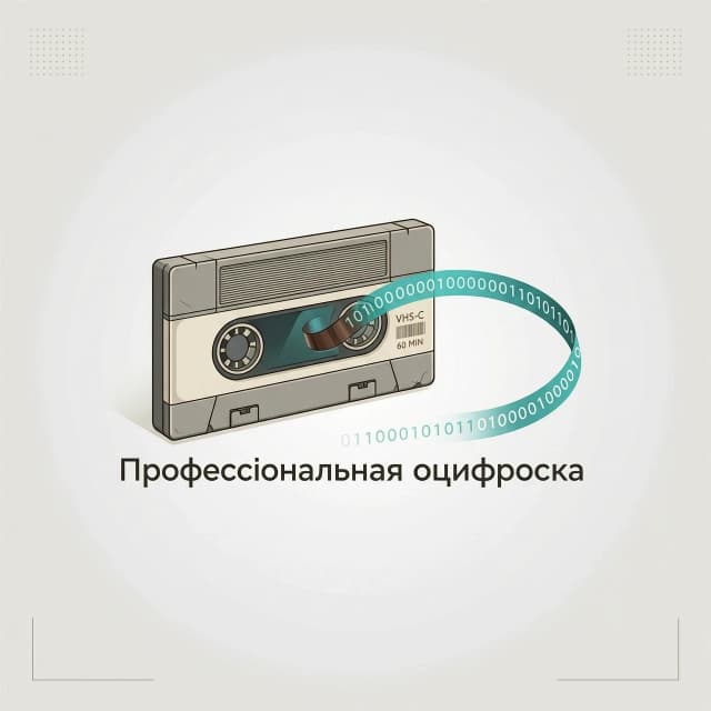 Логотип в стиле минимализма. В центре — видеокассета из 90‑х: узнаваемый ретро‑дизайн, корпус с текстурой пластика, характерные выступы, окошко для ленты. Кассета выглядит слегка потёртой, но стильной. Из неё выходит лента, которая плавно трансформируется в последовательность нулей и единиц (0 и 1) — они идут как тонкая струя, будто поток данных, и формируют аккуратную линию. Цвета: приглушённые ретро‑оттенки (тёмно‑серый, бежевый, лёгкий металлик) плюс контрастный акцент (например, бирюзовый или оранжевый для ленты и цифр). Под изображением, по центру, чётким современным шрифтом без засечек — надпись: «Профессиональная оцифровка». Шрифт простой, читаемый, не слишком крупный, цвет — тёмный, чтобы хорошо выделялся на фоне. Общая композиция сбалансирована, много воздуха вокруг, стиль — графический логотип для студии оцифровки.