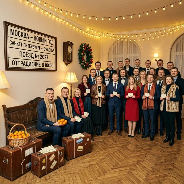 Уютный банкетный зал, украшенный в новогоднем стиле. В углу зала — фотозона «Вокзал ожидания». На стене висит большое табло отправления с надписями: «МОСКВА — НОВЫЙ ГОД», «САНКТ-ПЕТЕРБУРГ — СЧАСТЬЕ», «ПОЕЗД № 2027» и «ОТПРАВЛЕНИЕ В 00:00». Под табло — старинная деревянная скамья темного дерева, рядом — три потертых кожаных чемодана с наклейками разных городов, перевязанных бечевкой. На одном из чемоданов стоит корзина с мандаринами и лежат старые железнодорожные билеты. На стене рядом — старые часы и новогодний венок. Пол — паркет банкетного зала, на котором лежит небольшая дорожка. Над зоной — теплые гирлянды с желтым светом, создающие уютную, ностальгическую атмосферу. В кадре группа из 50 человек в вечерней одежде, дополненной теплыми аксессуарами (шарфы, палантины, меховые жилеты): первый ряд сидит на скамье и чемоданах с билетами и мандаринами в руках, второй ряд стоит, держа в руках билеты, третий ряд стоит сзади. Все улыбаются, смотрят в камеру. Свет — теплый, приглушенный, от гирлянд и настольной лампы. Стиль: винтажный, новогодний, уютный, фотореализм, широкоугольный объектив.