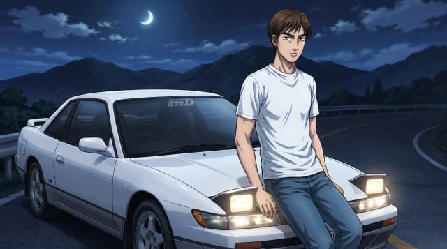 Initial D (Аниме), Коитиро Икетани (парень в белой футболке и в джинсах, короткие каштановые волосы, уверенный взгляд) стоит радом с белым Nissan Silvia (S13), стоит на горной дороге, на фоне японских гор, ночь с луной, шедевр, крупный план, стиль аниме с реалистичными деталями