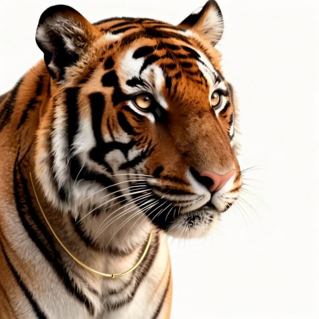 A premier luxury 3D digital art soft close-up portrait of a gorgeous elegant female tiger animal, gentle feminine facial features, beautiful light sand-honey colored eyes, soft gaze. Half-profile view. Wearing a delicate single ultra-thin gold chain necklace around its furry neck, minimalist luxury jewelry. Solid seamless pristine white studio background. Soft warm volumetric lighting, high contrast, exquisite masterpiece, 8k resolution, octane render, clean look.