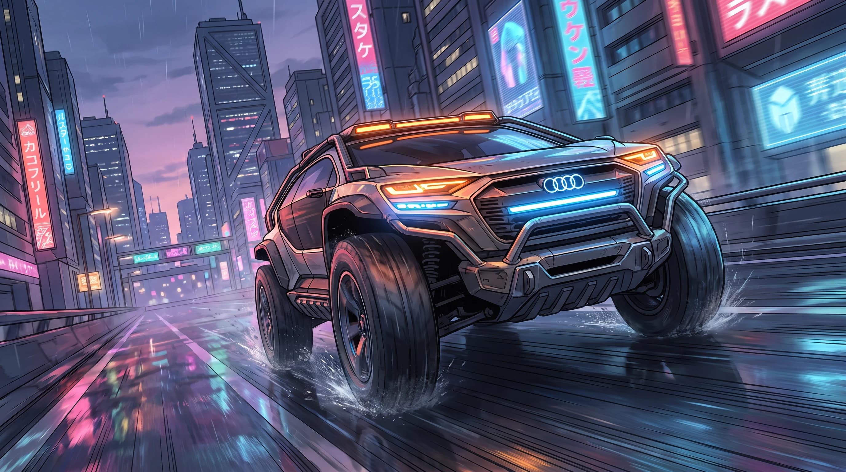Audi AI:Trail, едет по дороге, эпичный ракурс, горящие фары, шедевр, крупный план, стиль аниме с реалистичными деталями, киберпанк,