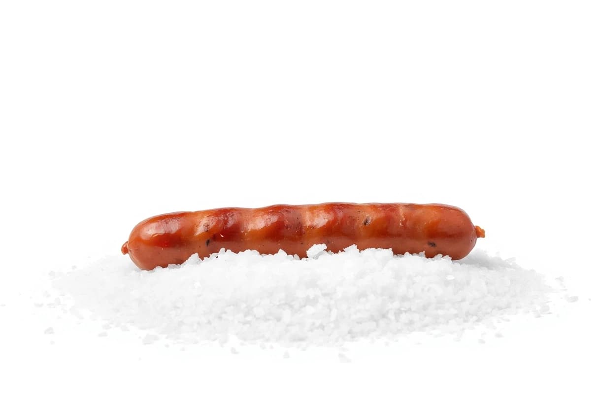 An award-winning, professional-grade photograph set against a pristine white background. A true masterpiece—exquisitely beautiful. A stick of smoked sausage rests atop a bed of scattered salt.
