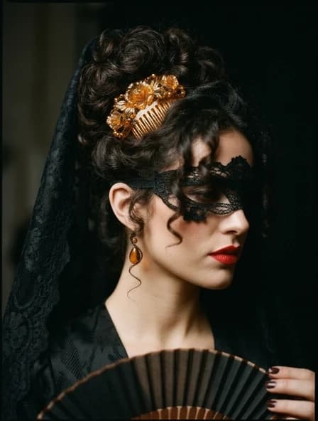 Photo. Black background. Model photo for a fashion and creative magazine. Close-up. A Spanish brunette with curly hair, with curls of hair near the ears. A face with a lace half-mask in the shadows, and red lips. The main focus is a bright amber comb that holds the curly hair in a high hairstyle. The comb has floral elements and is stylish. A black lace mantilla is draped over the head. A black silk dress, amber earrings, and a fan are visible. The model's pose and posing. The charm. A masterpiece of hairdressing art.