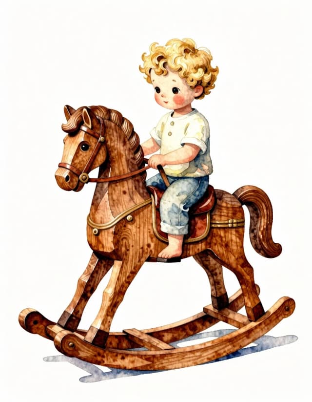 A masterpiece. Creating an image. The style is watercolor painting. Delicate watercolor on raw, on paper.((Wooden carved rocking horse, a cute little curly-haired blond boy is sitting on the horse:1.6)). High resolution. High detail and clear texture. Intense close-up. High quality. Increased attention to small details. The aspect ratio is 3:4. The artists are Levitan, Shishkin.