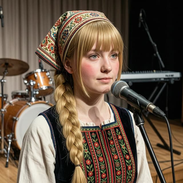 Портрет 17-летней русской красавицы Алёнки в стиле гиперреализма с элементами классической живописи маслом. У неё длинная, одна толстая коса соломенного цвета, перекинутая через плечо, и аккуратная прямая чёлка, обрамляющая лицо, по бокам на щёки спадают тонкие короткие прядки волос в стиле анимэ. Кожа нежная, с легким румянцем, глаза светлые и выразительные. Она одета в традиционный славянский сарафан с тонкой вышивкой. Композиция — крупный план (close-up), направленный на лицо и текстуру косы. Она стоит на сцене перед микрофоном, сзади барабанная установка и синтезатор. Высокая детализация текстуры волос, ткани и кожи, 8k, кинематографический эффект. На голове расписной кокошник.