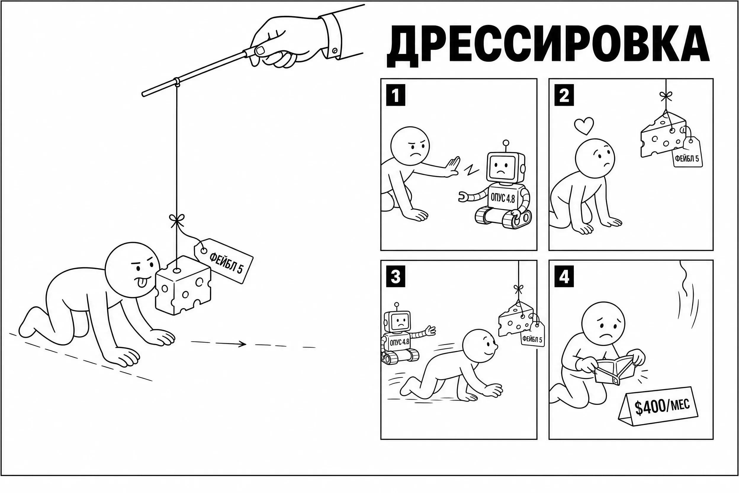 Parody of a furniture instruction page in the recognizable style of IKEA manuals, meme poster format with a large hero and steps: black and white drawing with a confident thin black line on a white sheet of paper, no color, no fills, no shadows. LEFT HALF OF THE SHEET: a large hero - a user character with a simple focused face crawls on all fours forward, sticking out the tip of his tongue; a large piece of cheese with holes and a tag FABEL 5 hangs on a rope in front of his nose; the rope stretches upwards to a fishing rod held by a large hand in a business sleeve with a cufflink, emerging from the upper right corner beyond the edge of the sheet; the cheese hangs exactly one step ahead of the character's nose. TOP RIGHT PART: a huge bold black word TRAINING in a chopped geometric font, without quotes or surrounding symbols. BELOW THE TITLE: four numbered square panels-steps, 2 by 2. Step 1: the character reaches out his hand to his robot with a square monitor head and a tag OPUS 4.8 - a small lightning bolt zigzag between his palm and the robot, the character pulls his hand away, his face is offended. Step 2: a piece of cheese with the tag FABEL 5 is lowered from above on a rope, the character turns his head to the cheese, a heart above his head. Step 3: the character on all fours runs after the cheese, which hangs one step ahead; behind in the corner of the panel sits his sad robot OPUS 4.8 with a hand extended after them. Step 4 - punchline: the rope with the cheese is sharply raised high above the edge of the panel, the character kneels with an inside-out empty wallet in his hands, and in front of him on a stand lies a price tag with the inscription $400/MONTH. Characters with simple faces and emotions, as in classic meme instructions. Text on the image - only: TRAINING, FABEL 5, FABEL 5, OPUS 4.8, OPUS 4.8, $400/MONTH, 1, 2, 3, 4. No other inscriptions or logos. Black humor through serious technical presentation.