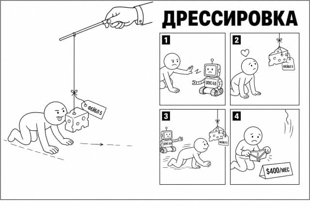 Parody of a furniture instruction page in the recognizable style of IKEA manuals, meme poster format with a large hero and steps: black and white drawing with a confident thin black line on a white sheet of paper, no color, no fills, no shadows. LEFT HALF OF THE SHEET: a large hero - a user character with a simple focused face crawls on all fours forward, sticking out the tip of his tongue; a large piece of cheese with holes and a tag FABEL 5 hangs on a rope in front of his nose; the rope stretches upwards to a fishing rod held by a large hand in a business sleeve with a cufflink, emerging from the upper right corner beyond the edge of the sheet; the cheese hangs exactly one step ahead of the character's nose. TOP RIGHT PART: a huge bold black word TRAINING in a chopped geometric font, without quotes or surrounding symbols. BELOW THE TITLE: four numbered square panels-steps, 2 by 2. Step 1: the character reaches out his hand to his robot with a square monitor head and a tag OPUS 4.8 - a small lightning bolt zigzag between his palm and the robot, the character pulls his hand away, his face is offended. Step 2: a piece of cheese with the tag FABEL 5 is lowered from above on a rope, the character turns his head to the cheese, a heart above his head. Step 3: the character on all fours runs after the cheese, which hangs one step ahead; behind in the corner of the panel sits his sad robot OPUS 4.8 with a hand extended after them. Step 4 - punchline: the rope with the cheese is sharply raised high above the edge of the panel, the character kneels with an inside-out empty wallet in his hands, and in front of him on a stand lies a price tag with the inscription $400/MONTH. Characters with simple faces and emotions, as in classic meme instructions. Text on the image - only: TRAINING, FABEL 5, FABEL 5, OPUS 4.8, OPUS 4.8, $400/MONTH, 1, 2, 3, 4. No other inscriptions or logos. Black humor through serious technical presentation.