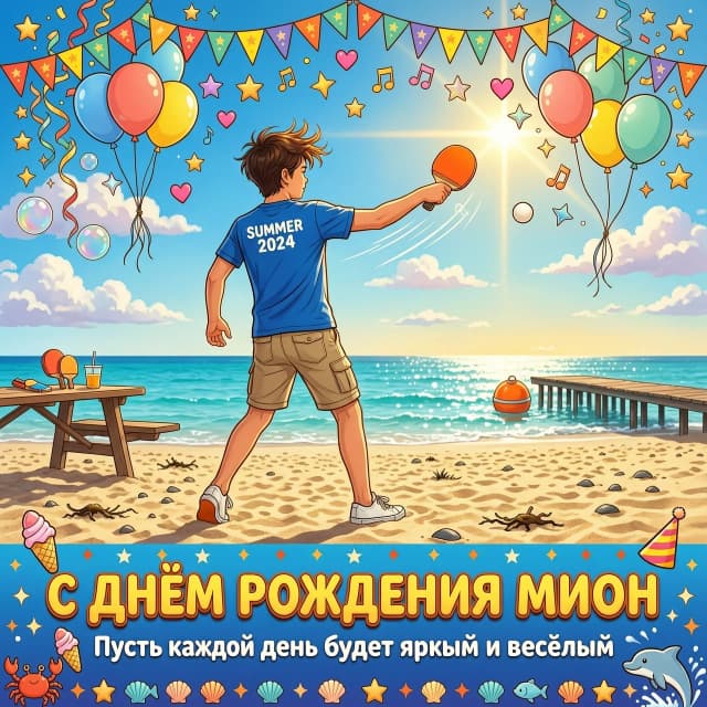 Подросток играет в настольный теннис на морском побережье.стоит спиной.  Общий настрой картинки праздничный . Фото в стиле мультика надпись  «с днем рождения мирон» . Без спасательного жилета пусть каждый день будет ярким и веселым