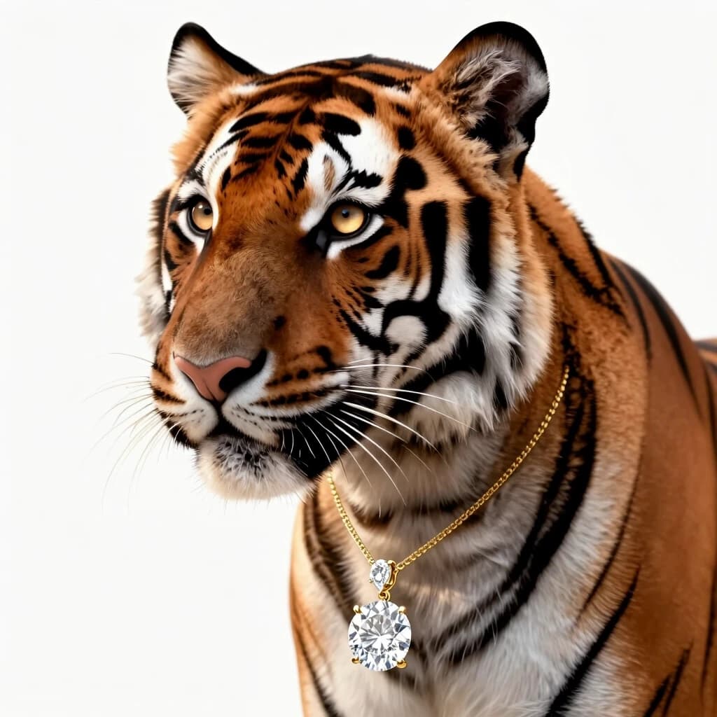 A premier luxury 3D digital art soft close-up portrait of a gorgeous elegant female tiger animal, gentle feminine facial features, beautiful light sand-honey colored eyes. Half-profile view. Wearing an ultra-thin delicate gold chain necklace with a magnificent large 13-carat flawless white diamond pendant hanging precisely in the center. The diamond is brilliantly cut, sparkling, catching the light beautifully. Solid seamless pristine white studio background. Soft warm volumetric lighting, high contrast, masterpiece, 8k render, clean look.