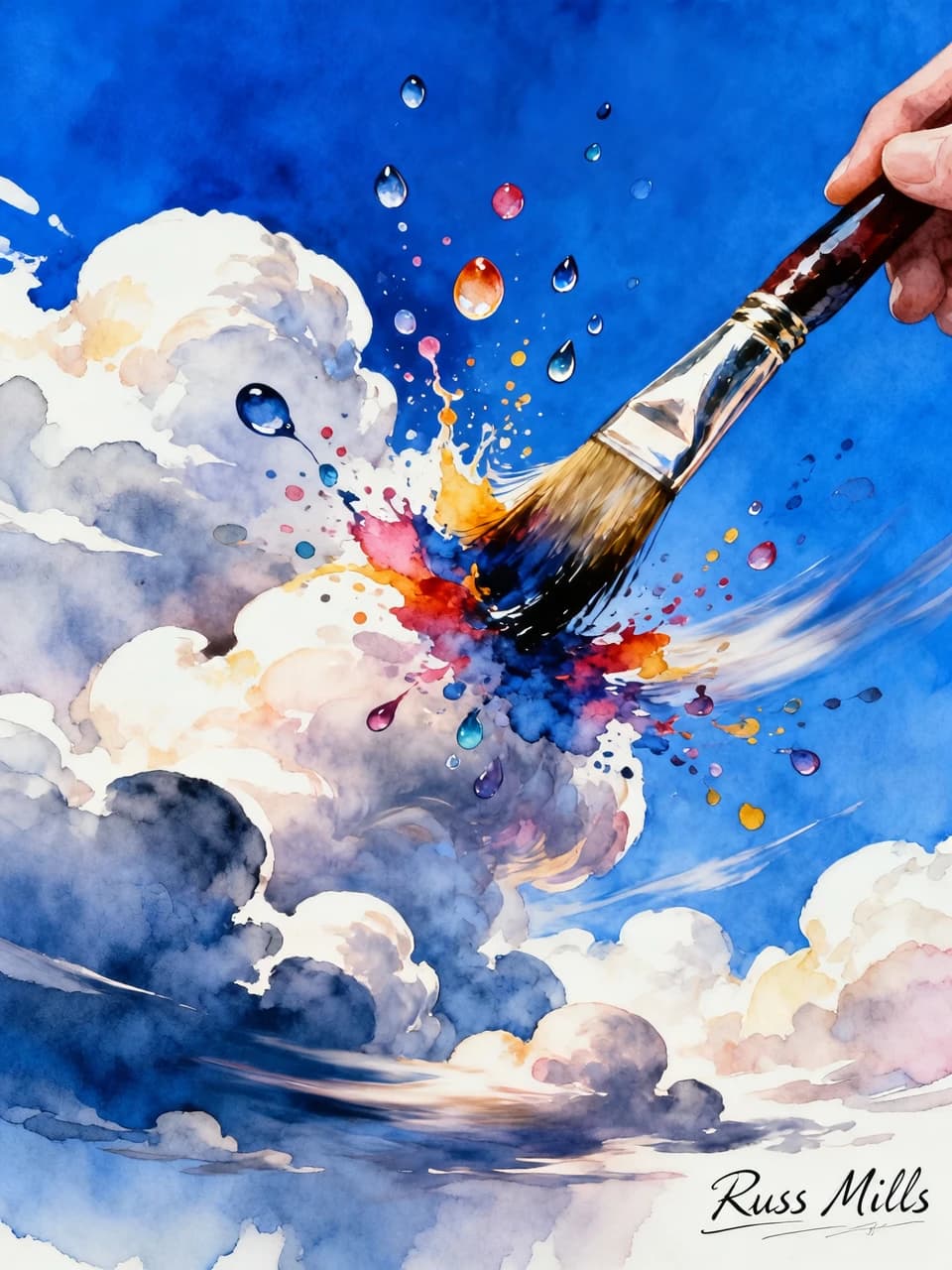 A masterpiece. As expected by artificial intelligence: (The artist shakes off a brush soaked in watercolor paint, and a bizarre, fantastic drawing appears in the sky, made using the technique of watercolor splashes, watercolor painting. Densely arranged clouds of different sizes and brightness move slowly against a blue background, creating a mysterious and elegant atmosphere. The minimalistic illustration combines reality and illusion, demonstrating fabulousness, miracles and mystery. Non-standard composition, dynamic blurring and independent artistic style create an exquisite atmosphere).Intense close-up. High detail. High quality. High resolution. Fantasy style. The artist's name is Russ Mills.