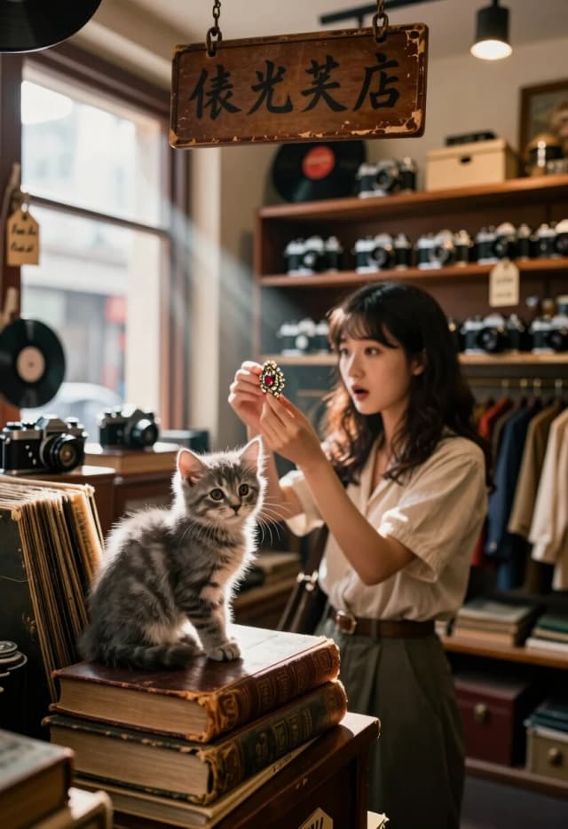 Photorealistic, 8K, cinematic. A small vintage shop with a worn wooden sign and handwritten price tags. The shelves are filled with old cameras, vinyl records, and vintage clothing. In the foreground, a tiny fluffy grey tabby kitten is sitting on a stack of old books, watching intently as a young woman (a customer) holds up an antique brooch to the light, examining it with a mix of excitement and hesitation.

The camera angle is a wide shot with a diagonal composition, capturing the kitten in the foreground, the woman in the mid-ground, and the shop’s interior stretching into the background. This creates a sense of space and narrative — the kitten as a silent witness to a personal moment.

Lighting: soft, diffused natural light from a large window, with a few bright sunbeams cutting through the dusty air. The light is warm and nostalgic, highlighting the textures of the vintage items and the kitten’s fur. Deep shadows in the corners add depth and atmosphere.

Depth: the kitten is in sharp focus (macro detail on its face and fur), the woman is slightly softer but still clear, and the background shelves fade into gentle bokeh. Atmospheric haze separates the planes and enhances the sense of depth. Textures: the worn leather of the old books, the patina on the brooch, the soft fluff of the kitten’s fur.