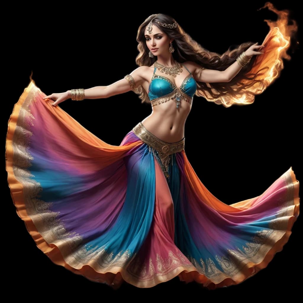 Professional belly dancer. Full-length. Flowing skirt. Back in a half-turn. Vector. Single color.