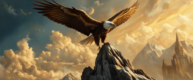 A masterpiece. Oil painting. A proud eagle soars above the peak. Increased attention to small details. Close-up. Danish angle. Octave filter. High resolution. 8K. Style: Vrubel, Titian.