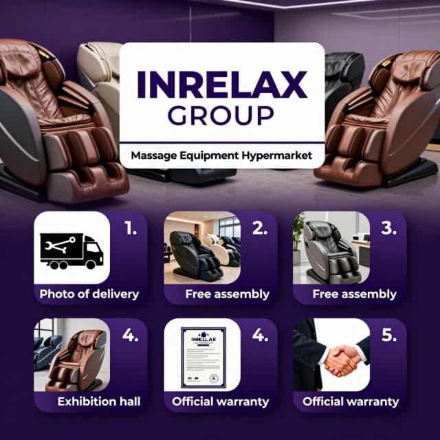Wide website banner for a massage chair hypermarket, 16:9.
Background: dark showroom with rows of modern massage chairs, deep purple gradient #4d1b74, premium style, cinematic lighting, realistic photography, high resolution.
Center: white rectangular logo block with bold text "INRELAX GROUP" on ONE SINGLE HORIZONTAL LINE in purple and white. Below it: smaller white strip with text "Сеть гипермаркетов массажного оборудования" (Massage Equipment Hypermarket), the strip is NARROWER than the logo block above.
Bottom row: FIVE rounded rectangular plates in ONE SINGLE HORIZONTAL LINE, each with a PHOTOGRAPHIC BACKGROUND IMAGE and a dark purple gradient shadow on the RIGHT SIDE. White text over the right shadow in Russian:
1. Photo of a delivery truck - "Бесплатная доставка"
2. Photo of tools and wrench - "Бесплатная сборка"
3. Photo of a showroom interior with massage chairs - "Выставочный зал"
4. Photo of a warranty certificate - "Официальная гарантия"
5. Photo of a business handshake - "Официальный дилер брендов"
Each plate: photo fills the background, dark gradient from left to right, white bold text on the right side. Clean layout, professional design, ultra-sharp typography, no watermark.