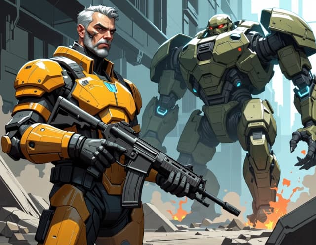A masterpiece,  in the style of the 1980s, with bold lines, dynamic strokes and rich textures, on background with a touch of nostalgia, perhaps with subtle drawings inspired by cellulose and vintage, worn textures similar to paper, A gritty cinematic sci‑fi scene: an older battle‑scarred soldier in heavy, worn power armor stands in the foreground holding a bulky futuristic rifle, short gray hair, deep scar across his cheek, barcode markings stamped on his chest and thigh armor, armor showing chipped paint, rust and battle scratches; behind him to the right a camo‑painted combat mech collapses with smoking armor, exposed wiring and blue electrical arcs leaping between joints, sparks and small fires, dust and debris in the air inside a ruined industrial warehouse with shattered windows and dramatic shafts of volumetric light. Hyperrealistic, high‑detail concept art, photoreal textures, cinematic lighting with cool desaturated grays and contrasting warm orange highlights, shallow depth of field, sharp focus on the soldier’s face and weapon, rim lighting, atmospheric smoke, motion blur on falling debris, subtle film grain and chromatic aberration, dramatic composition, 3:2 aspect, ultra‑detailed 8k quality. celshading, simple background