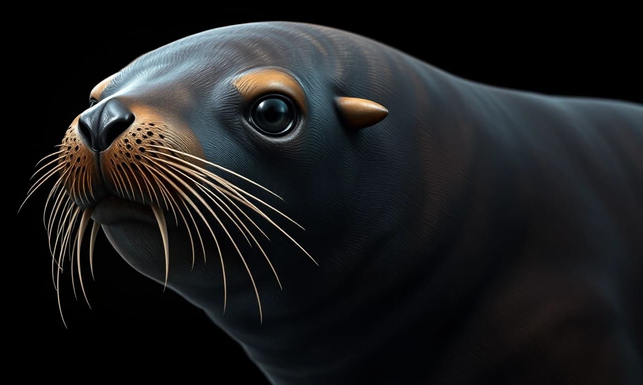 Мне нужно воссоздать японского морского льва (на латинском Zalophus japonicus). Этот японский морской лев, обитавший в Японском море, вымер к 1950-м годам из-за охоты на него и загрязнения окружающей среды.Японские морские львы были крупными животными, но, как и у многих ластоногих, самцы были значительно крупнее самок.
Самцы: Длина тела достигала примерно 2,5–3 метров, вес мог превышать 500 кг.
Самки: Были меньше, около 1,5–2 метров в длину и весом до 300 кг.
Имели типичное для ушастых тюленей обтекаемое мускулистое тело, хорошо приспособленное для плавания. Голова относительно крупная, с хорошо выраженной шеей.
Морда: Удлинённая, слегка сужающаяся к носу.
Ноздри: Расположены на конце морды, овальной формы.
Губы: Толстые, мясистые, с чувствительными вибриссами (усами).
Вибриссы (усы): Очень длинные, густые, беловатые или светло-серые.
Глаза: Крупные, тёмные, расположены по бокам головы. 
Ушные раковины: Ярко выраженные маленькие наружные ушные раковины (отличительная черта ушастых тюленей), которые они могли загибать внутрь при погружении.
Череп: Отличался от черепа калифорнийского морского льва, имел свои специфические черты, которые использовались систематиками для его идентификации (например, форма черепа, зубы).
Основной цвет: Шерсть была преимущественно темно-коричневого или серовато-коричневого цвета. 
Изобразить особенную черту тюленя очень крупным планом, то есть его передние ласты - он мог «ходить» на передних ластах, опираясь на них, в отличие от настоящих тюленей, которые передвигаются по суше, извиваясь всем телом.