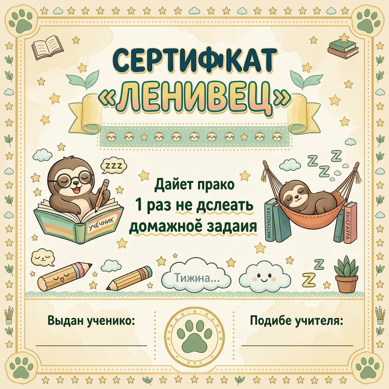 Вертикальный подарочный сертификат формата А6 в стиле школьной награды. Декоративная рамка из тёплых пастельных тонов: бежевый, мятный, светло-жёлтый. По центру сверху крупными игривыми буквами с лёгкой тенью надпись «СЕРТИФИКАТ „ЛЕНИВЕЦ“». Ниже — «Даёт право 1 раз не сделать домашнее задание». Иллюстрации по бокам и внизу: милый ленивец в очках зевает над книжкой; второй ленивец спит в гамаке между учебниками; спящая ручка, сонный карандаш, облако с надписью «Тишина…», облачко со смайликом «ZZZ». Внизу слева поле «Выдан ученику: __________», справа «Подпись учителя: __________» и место для печати в виде лапки ленивца. Стиль: мультяшный, добрый, яркий без пестроты, мягкие линии, лёгкая акварельная текстура. Настроение весёлое и поощряющее, мягкий студийный свет, вид прямо, высокое разрешение.  Совет: если модель игнорирует формат А5, добавьте уточнение «вертикальная ориентация, соотношение сторон примерно 2:3».
