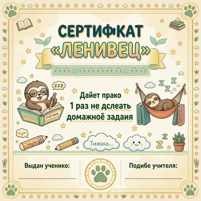 Вертикальный подарочный сертификат формата А6 в стиле школьной награды. Декоративная рамка из тёплых пастельных тонов: бежевый, мятный, светло-жёлтый. По центру сверху крупными игривыми буквами с лёгкой тенью надпись «СЕРТИФИКАТ „ЛЕНИВЕЦ“». Ниже — «Даёт право 1 раз не сделать домашнее задание». Иллюстрации по бокам и внизу: милый ленивец в очках зевает над книжкой; второй ленивец спит в гамаке между учебниками; спящая ручка, сонный карандаш, облако с надписью «Тишина…», облачко со смайликом «ZZZ». Внизу слева поле «Выдан ученику: __________», справа «Подпись учителя: __________» и место для печати в виде лапки ленивца. Стиль: мультяшный, добрый, яркий без пестроты, мягкие линии, лёгкая акварельная текстура. Настроение весёлое и поощряющее, мягкий студийный свет, вид прямо, высокое разрешение.  Совет: если модель игнорирует формат А5, добавьте уточнение «вертикальная ориентация, соотношение сторон примерно 2:3».