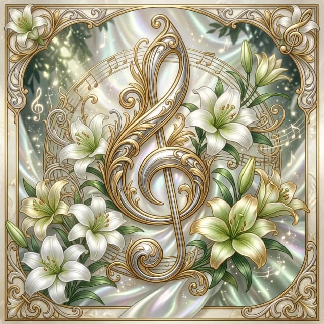 ((Violin clef1,7)) in its familiar form appeared in the sixteenth century, when instrumental music was born. The letter G, denoting the note "G", served as a prototype of the treble clef.((Elegant, fragrant, beautiful lilies are perceived by many as almost perfect beautifully flowering garden plants)) . Elegant they are from the oldest and most prestigious of plants. (Style):fantasy, fairy tale, design art, advertising, poster, glamour, chic, luxury. (Colours):gold, white, green, white-green, white-green, black-gold, silver, silver-white, silver-platinum.
