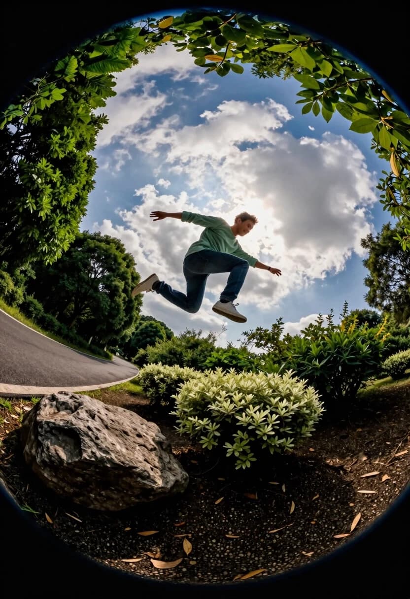 Photorealistic image, 8K, wide-angle fisheye lens effect creating a circular tunnel-like frame. In the center, a man in mid-air jump: he’s wearing a light green long-sleeve shirt, dark blue jeans, and white sneakers; his right arm is stretched forward, left arm slightly back, legs bent naturally to emphasize the leap. His expression is relaxed, with a subtle smile.

The circular frame is formed by a lush natural landscape: dense green foliage, shrubs, and trees curve around the edge, following the distortion of the fisheye lens. On the left, a winding paved path cuts through the greenery and recedes into the distance. In the foreground, on the lower-left side, a large, textured gray rock sits on dark soil scattered with small pebbles and dry leaves. Near the bottom center, a rounded bush with pale-green foliage adds depth.

The background inside the circle is a bright blue sky with soft, layered clouds; a warm sun glow appears near the top center, casting gentle highlights on the clouds and the man’s clothing. Lighting is natural daylight with subtle lens flare, high detail in textures: individual leaves, bark, fabric weave, and shoe tread.