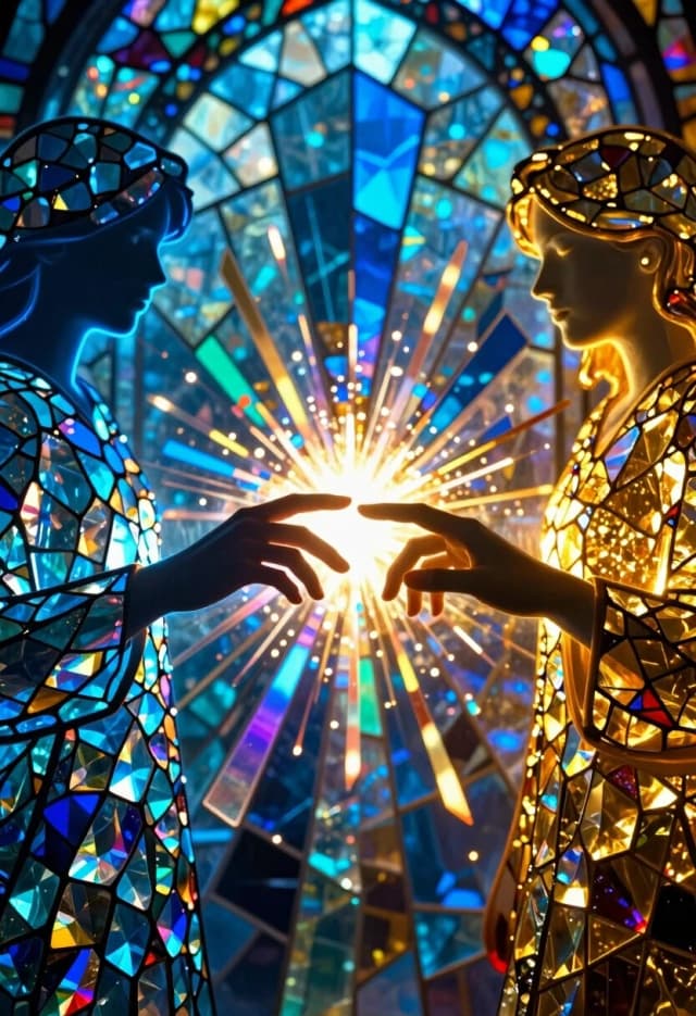 Symmetrical cinematic shot of two people's hands almost touching during a first date show. Use "Luminous Crystal Mosaic Style": the entire scene is a surreal stained-glass masterpiece made of millions of tiny iridescent crystals and colored glass tesserae. A violent explosion of light occurs at the center where their fingers meet, sending prismatic shards flying in all directions. Deep contrast between cold neon sapphire tones and burning molten gold. Volumetric lighting piercing through translucent glass, creating rainbow refractions. Internal glow emanating from the characters' silhouettes. Hyper-detailed textures of precious faceted glass, sharp edges, crystalline depth, 8k, breathtaking color palette.