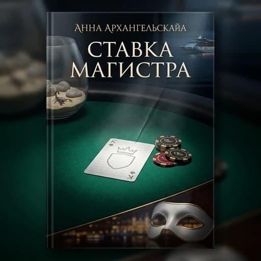 Premium A5 book cover for a detective thriller, vertical orientation. Cinematic realism, hyper-detailed photorealism. 

Composition: A macro close-up shot of a professional poker table covered in deep emerald-green felt. In the center, a single, slightly worn playing card—a "White King" without a suit, featuring a minimalist crown contour and an empty shield. The card is textured, with faint, handwritten script visible through the paper as light bleeds through it. Beside the card lie two or three high-end casino chips and a sharp, thin crack of light cutting through the darkness, like a focused spotlight. 

In the polished, dark reflection of the table's surface, there is a ghostly, sophisticated white masquerade mask and the blurred, bokeh lights of Monte Carlo. In the upper corner, subtly out of focus behind frosted glass, a small, elegant terrarium reveals the faint, non-grotesque silhouette of a scorpion. In the far distance, visible through a window, a magnificent, glowing modern cruise liner glides on the dark sea.

Atmosphere: Cold luxury, intellectual tension, and an impending sense of threat. A light haze hangs in the air with microscopic dust particles dancing in a single dramatic light beam.

Color Palette: Deep obsidian black, rich emerald green, polished gold, subtle blood-burgundy accents, and sharp silver highlights.

Typography (Russian language only):
Top: "АННА АРХАНГЕЛЬСКАЯ"
Королевский флеш:
СТАВКА МАГИСТРА