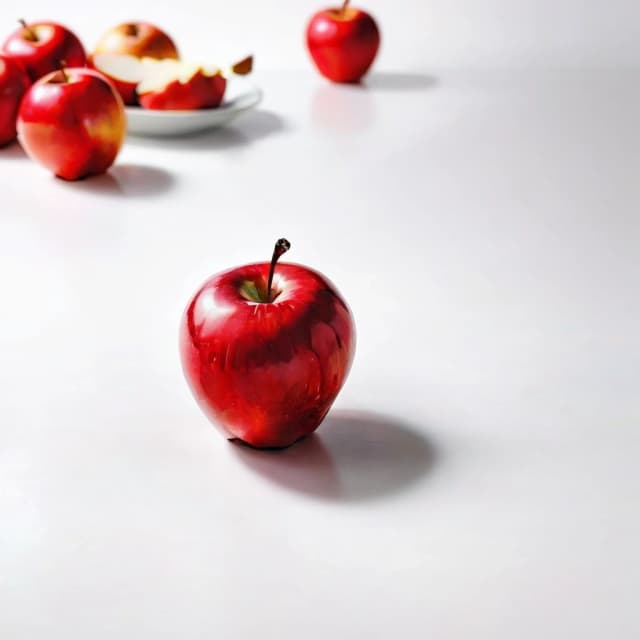 a red apple on a white table