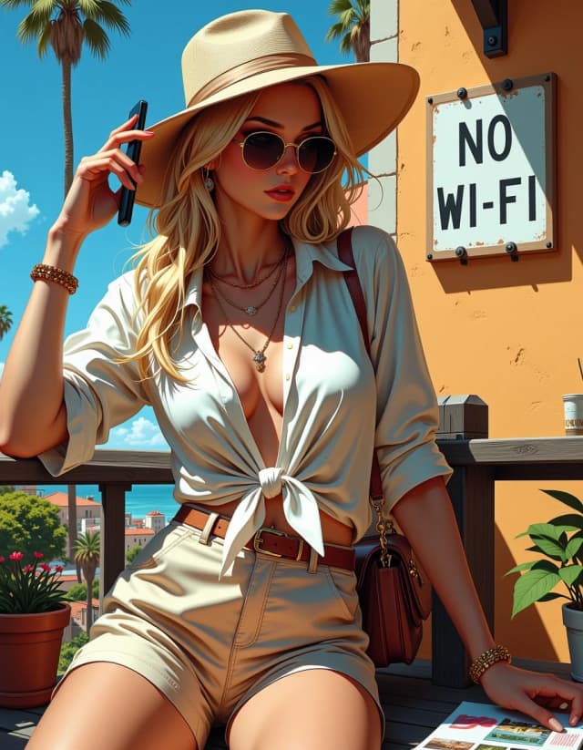 A masterpiece,  in the style of the 1980s, with bold lines, dynamic strokes and rich textures, on background with a touch of nostalgia, perhaps with subtle drawings inspired by cellulose and vintage, worn textures similar to paper, oil painting, Ultra-detailed photorealistic airbrush scene: a stylish blonde woman on a sunlit Mediterranean terrace, on the background of a sign with bold "NO WI-FI"!!! She wide-brim hat, tied white blouse and beige shorts, elegant jewelry,  holding a smartphone and sunglasses, He looks at his smartphone, relaxed confident pose; magazines, handbag and small table accessories nearby; a clear, legible wall sign reading "NO WI - FI" — the sign must be sharp and easy to read; cinematic natural sunlight with warm key highlights, cool soft fill and subtle rim light; hyperreal airbrush textures: smooth skin tones, individual hair strands,  fabric weave, reflective phone screen and glossy surfaces, fine grain detail on tiles; three-quarter composition, slight high/eye-level angle, shallow depth of field, 85mm equivalent, f/1.8, razor-sharp focus on her face and the sign, soft background bokeh; warm desaturated editorial color grading, photorealistic airbrush finish, ultra-high detail, 8K — photorealistic airbrush, editorial.