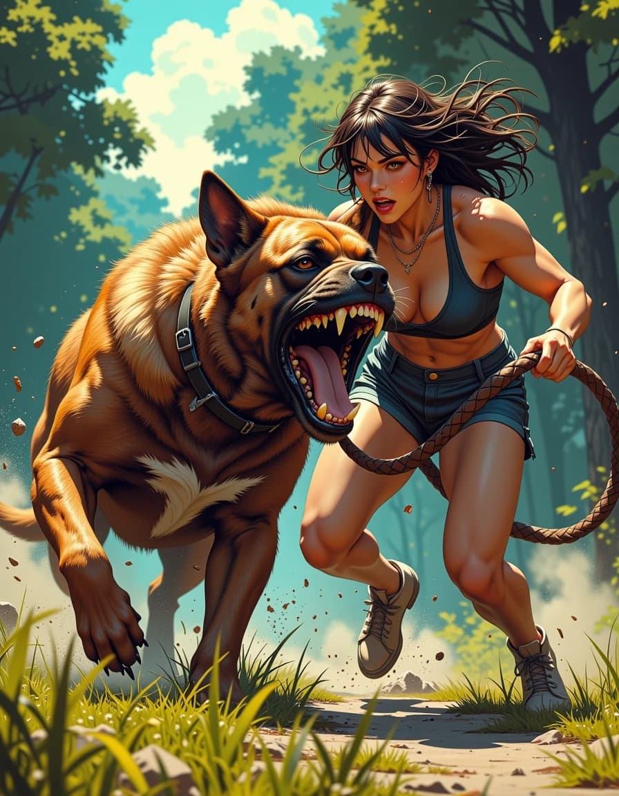 A masterpiece, in the style of the 1980s, with bold lines, dynamic strokes and rich textures, on background with a touch of nostalgia, perhaps with subtle drawings inspired by cellulose and vintage, worn textures similar to paper, oil painting, Low-angle, hyper-real cinematic action shot of a tense moment: a powerful, muscular woman straining to restrain a giant snarling dog on a taut leather leash as the dog lunges forward, mouth wide, teeth bared, saliva and spit suspended in midair, dirt and grass flying from the paws. Late-afternoon golden-hour rim light creates warm highlights on skin and fur, deep directional shadows for dramatic contrast. Shallow depth of field with sharp focus on the dog's snarling face and the woman's determined expression; slight motion blur on the legs and background trees to convey speed. Rich, saturated colors, high detail on textures—wet fur, leather collar, braided leash, sweat, dirt, and individual grass blades. Low-angle wide lens perspective, strong diagonal composition, dynamic tension, cinematic color grading with teal shadows and warm highlights, subtle film grain, high shutter speed feel, 35mm cinematic framing, 3:2 aspect, intense, dramatic, visceral energy. celshading, simple background