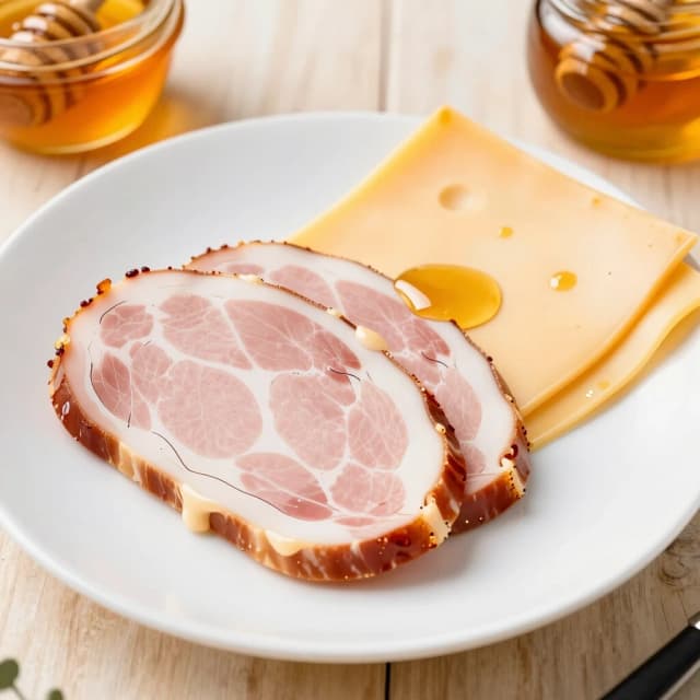 drawing sliced meat and cheese with honey on a plate